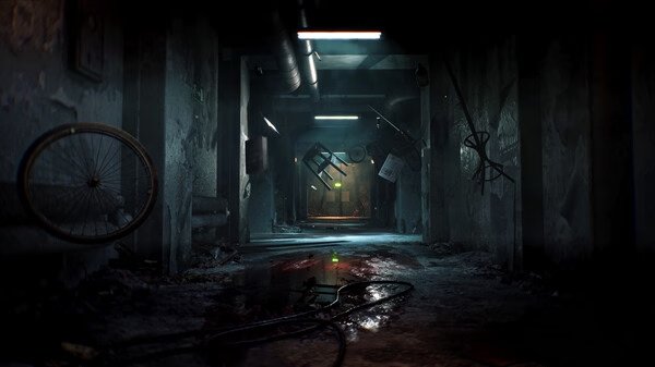 Screenshot from Cronos: The New Dawn showing a dimly lit, eerie corridor with scattered debris and a bicycle wheel on the wall.