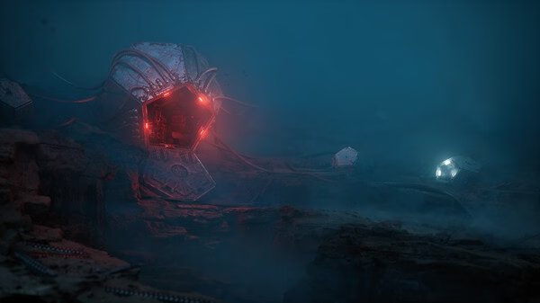 A 'Cronos: The New Dawn' screenshot featuring a glowing, red-lit robotic structure amidst a foggy, rocky landscape.