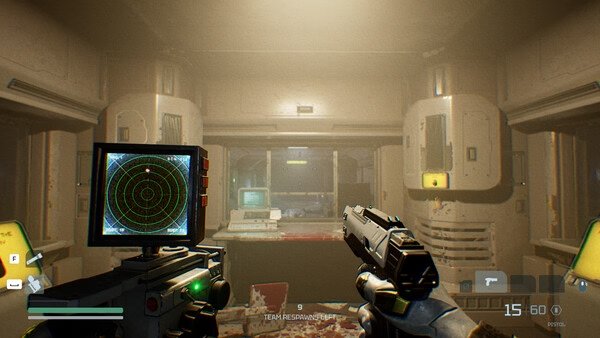 Screenshot from Species: Unknown showing a futuristic control room with radar and weapon interface.