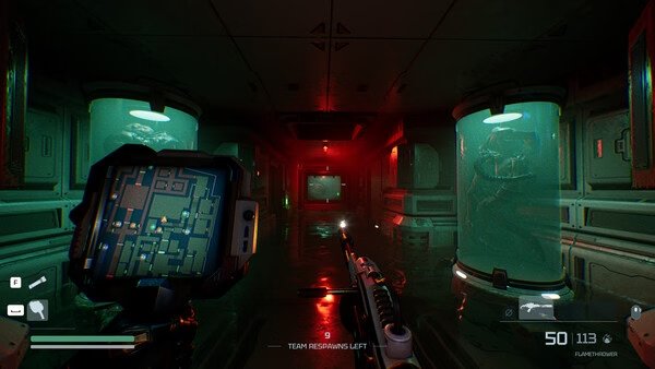 Screenshot from Species: Unknown shows a player in a dim corridor with a map device and tanks containing alien creatures.