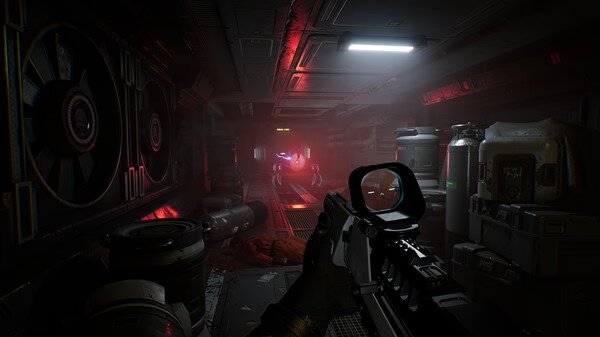 Screenshot from Species: Unknown shows a player aiming a weapon down a dimly lit futuristic corridor with red lights.