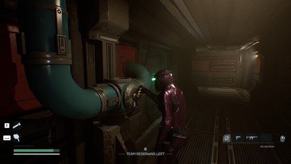 A player in a purple space suit interacts with a control panel in a dimly lit corridor in this Species: Unknown screenshot.