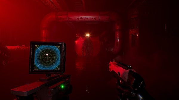 A screenshot from Species: Unknown showing a radar device, a handgun, and a mysterious glowing figure in a dark, red-lit corridor.