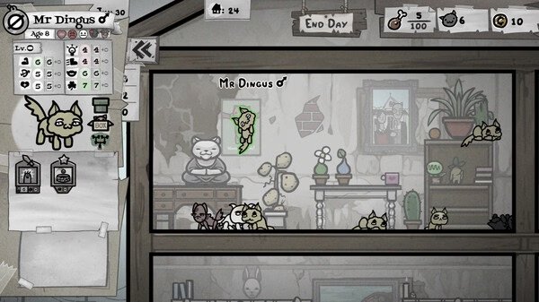 Screenshot of Mewgenics showing Mr. Dingus, a cat character, stats on the left, and cats in a multi-level home environment.