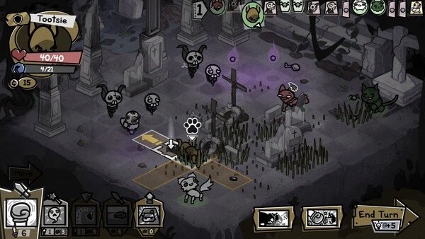 Screenshot from Mewgenics: Tootsie, a cat character, navigates a graveyard surrounded by ghostly enemies and tombstones.