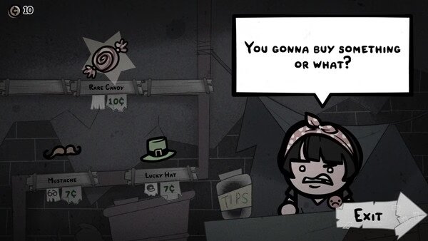 Mewgenics screenshot: A shopkeeper with a speech bubble asks, "You gonna buy something or what?" beside items like Rare Candy and Lucky Hat.