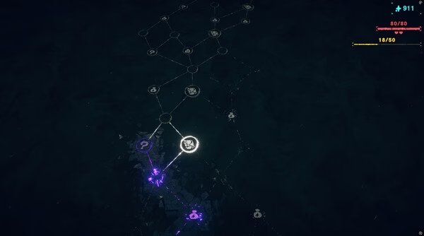 Screenshot from the game 'Haste' showing a dark map with highlighted nodes and paths, indicating progress and levels.