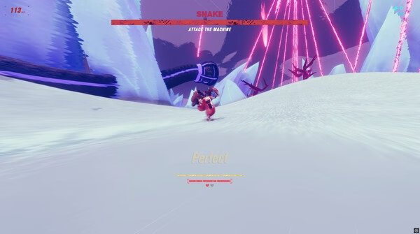 Screenshot from the game Haste shows a character running on a snowy landscape with neon pink lights in the background.