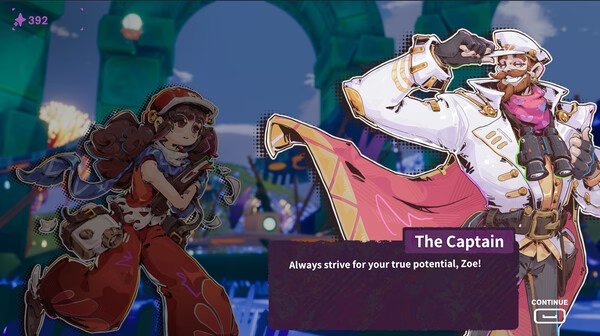 A screenshot from the game Haste featuring The Captain encouraging Zoe to strive for her potential in a vibrant outdoor setting.
