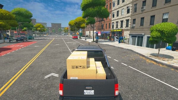 A screenshot from Supermarket Simulator showing a pickup truck loaded with boxes driving through a city street.