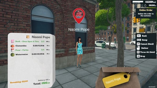 Screenshot from Supermarket Simulator shows a character, Naomi Pope, standing outside with a list of items to deliver.