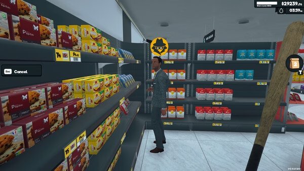 Screenshot from Supermarket Simulator: A man in a suit browses cereal boxes in an aisle, with a shopping basket icon above his head.