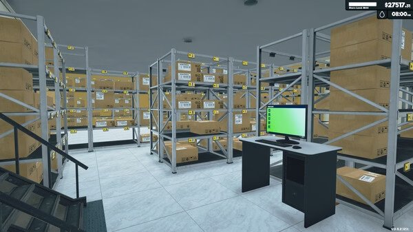 Supermarket Simulator screenshot: A warehouse scene with shelves full of boxes and a desk featuring a computer monitor.