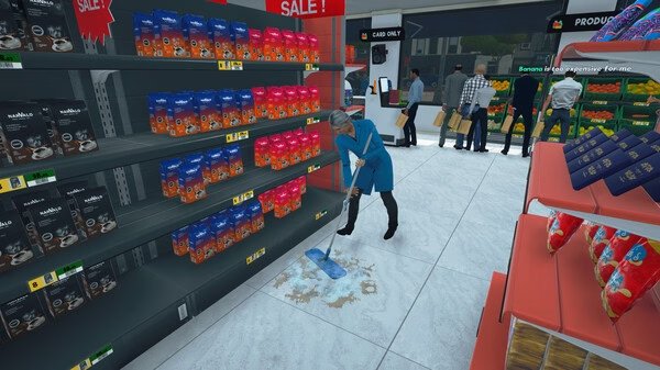 Screenshot from Supermarket Simulator: A person mopping the floor near shelves stocked with coffee products labeled as 'Sale!'.