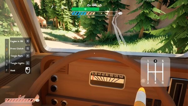 Screenshot from 'RV There Yet?' showing the interior dashboard view of an RV driving through a forested road.