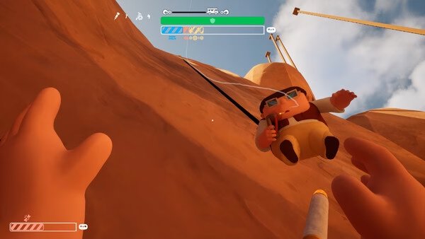 Screenshot from 'RV There Yet?' showing hands reaching toward a skydiving character against a desert backdrop.
