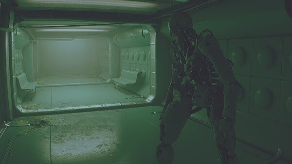 A screenshot from ROUTINE showing a dimly lit sci-fi hallway with a humanoid robot standing near the entrance.