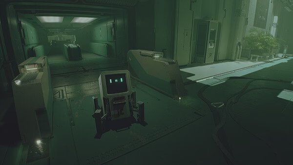 ROUTINE screenshot: A robot with glowing eyes stands in a dimly lit corridor, surrounded by futuristic walls and machinery.