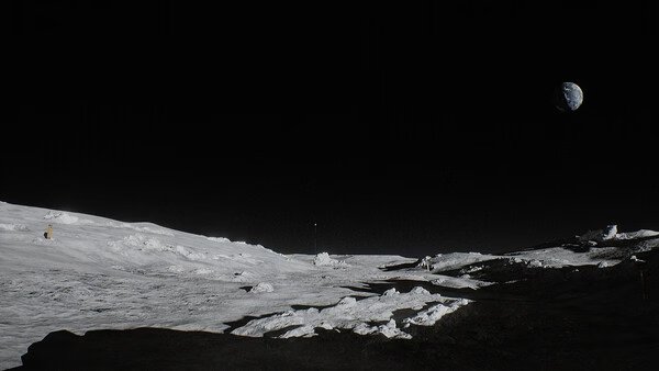 Screenshot from ROUTINE showing a barren lunar landscape with distant structures under a dark sky and Earth visible in the background.