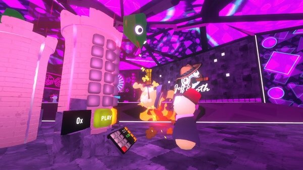 Screenshot from Gamble With Your Friends showing a character in a hat near a glowing machine in a vibrant, neon-lit room.