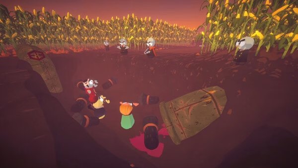 Screenshot from "Gamble With Your Friends" showing characters in a cornfield with barrels and scarecrows at sunset.