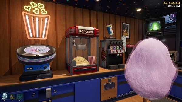 Screenshot of Retro Rewind - Video Store Simulator showing a snack bar with popcorn machine, cotton candy, and soda dispenser.