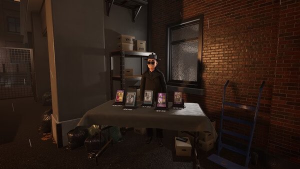 Retro Rewind - Video Store Simulator screenshot: A character stands by a table displaying VHS tapes in a dimly lit alley.