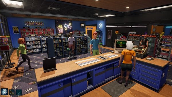 Screenshot from Retro Rewind - Video Store Simulator: A busy store with staff and customers browsing shelves filled with retro movies.