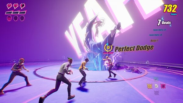 Screenshot from Dead as Disco shows four characters battling a large mechanical foe in a vibrant arena with "Perfect Dodge" displayed.