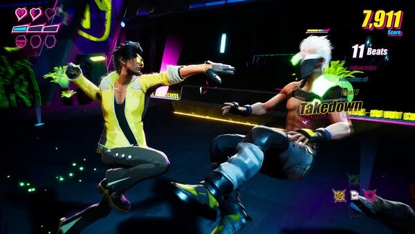 Screenshot from "Dead as Disco" showing two characters in combat, one performing a takedown move under neon lights.