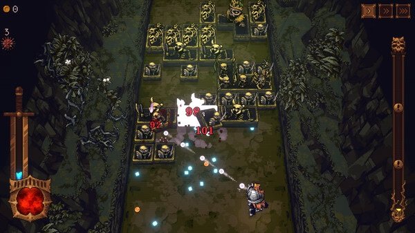 Screenshot from BALL x PIT showing a knight character battling skeleton warriors in a dark, dungeon-like environment.