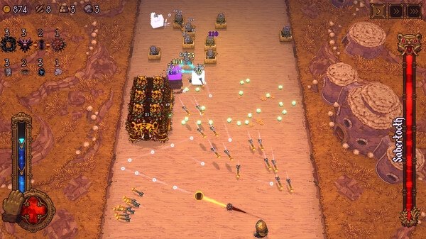 Screenshot from BALL x PIT showing a character battling enemies with projectiles in a desert-themed area.
