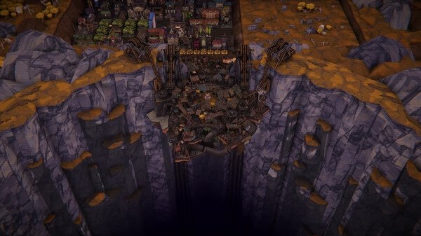 BALL x PIT screenshot: A rocky landscape with a pit filled with debris and machinery near a city in the background.