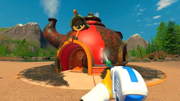 PowerWash Simulator 2 screenshot: A player uses a power washer on a large, dirty teapot-shaped building outdoors.