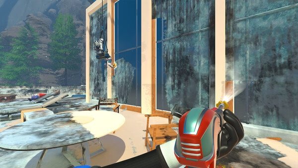 Screenshot from PowerWash Simulator 2 showing a player cleaning a large, dirty glass window with a power washer.