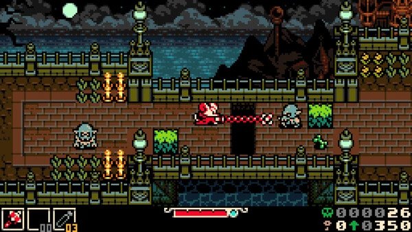 Screenshot from 'Mina the Hollower' showing Mina battling skeletons on a bridge at night, with a moonlit sky in the background.