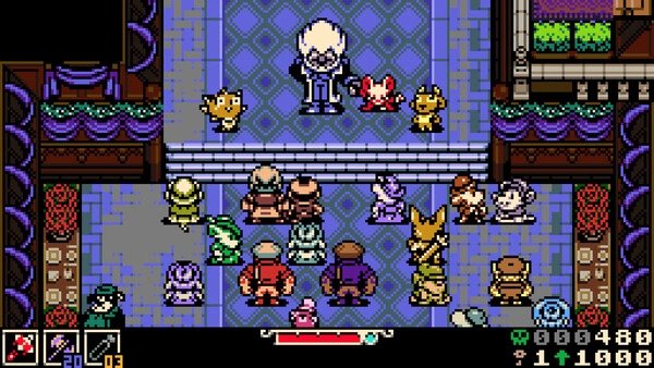 Screenshot of Mina the Hollower showing Mina facing a crowd of characters in a pixel-art town square with detailed surroundings.