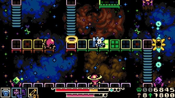 Screenshot of Mina the Hollower featuring pixel art gameplay with Mina battling enemies on a colorful, starry platform.