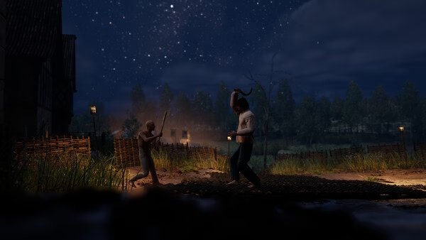 Screenshot from Half Sword: Two characters engage in a nighttime duel on a dirt path, surrounded by trees and rustic fences under a starry sky.