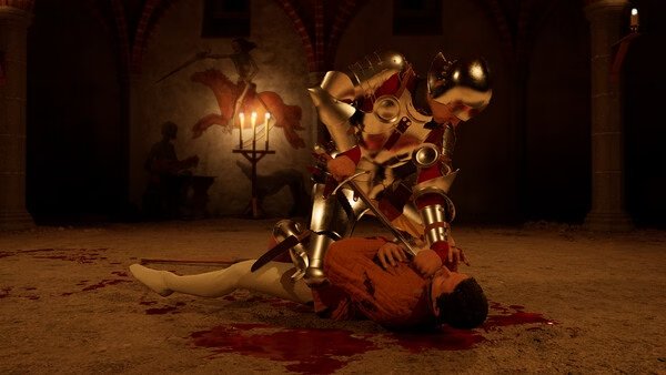 A screenshot from Half Sword showing a knight in armor pinning down an opponent on a bloodied medieval battleground.