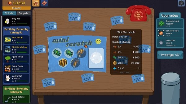 Scritchy Scratchy screenshot: A game table with scratch cards, upgrades menu, red phone, and visible game stats on display.
