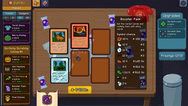 Screenshot of Scritchy Scratchy showing cards on a table, upgrade options on the side, and currency details at the top.