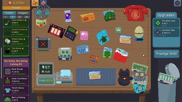 A screenshot from Scritchy Scratchy shows a cluttered desk with various colorful items, gadgets, and upgrade options.