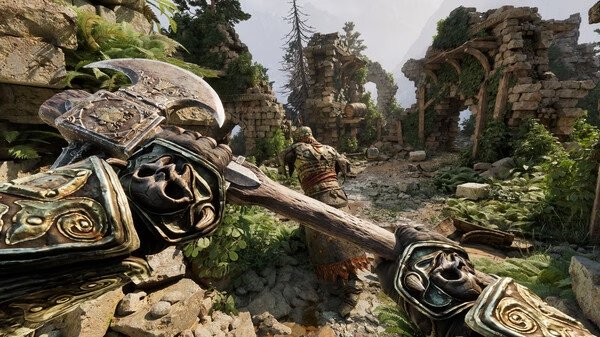 Screenshot from Fatekeeper showing a player wielding an ornate axe, approaching a ruined stone structure surrounded by greenery.