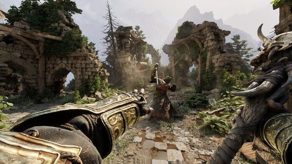 Fatekeeper screenshot: A player character aims at an armored enemy in a lush, ruined stone courtyard surrounded by mountains.