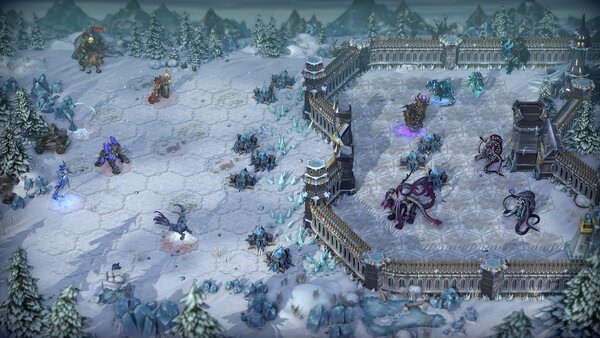 Heroes of Might and Magic: Olden Era screenshot shows a snowy battlefield with mythical creatures near a fortified castle.