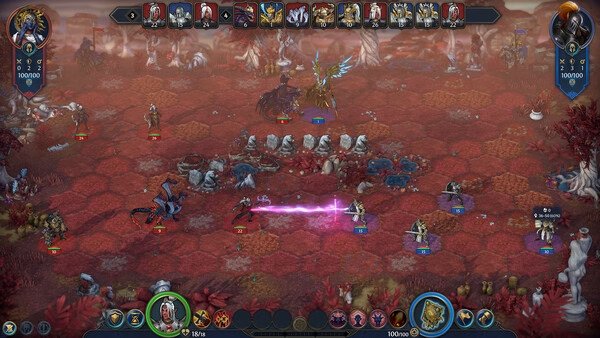 Heroes of Might and Magic: Olden Era screenshot showing a turn-based battle on a hex-grid with creatures and magic effects in a red terrain.