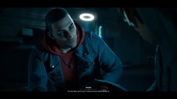 Vampire: The Masquerade - Bloodlines 2 screenshot of two characters in dialogue inside a dimly lit room.