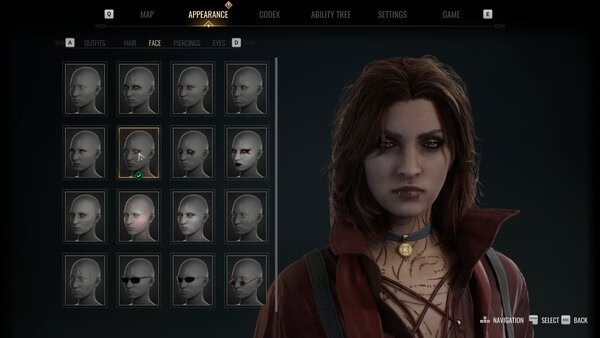 Screenshot from Vampire: The Masquerade - Bloodlines 2 showing the character customization menu focused on face selection.