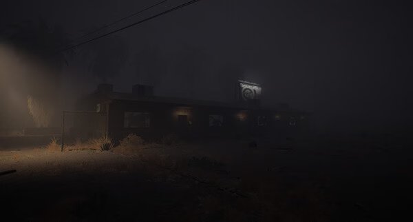 Screenshot from Drive Beyond Horizons: A foggy, dimly lit scene with a shadowy building and palm trees in the background.
